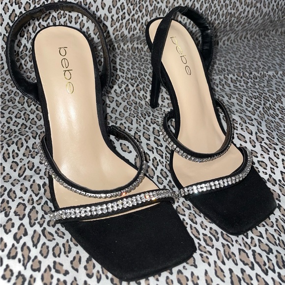 Bebe Black High Heel Suede Sandal Open Toe Bejeweled Rhinestone Bling Strap NWOT - Picture 5 of 12